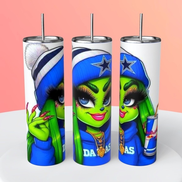 Boujee Grinch NFL Cowboys Sports Team 20 Ounce Skinny Straight Tumbler - Picture 1 of 3
